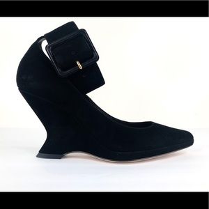 DIOR DIOROUND WEDGE SUEDE ANKLE STRAP PUMPS